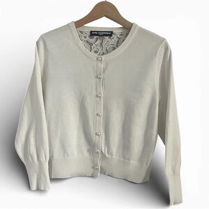 Karl Lagerfeld Paris Cream Chantilly Lace Back Cropped Cardigan Pearl Buttons M